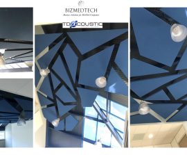 Création & Formes acoustiques sur mesure - Forme acoustique sur mesure - capteurs acoustiques posés au plafond par suspension